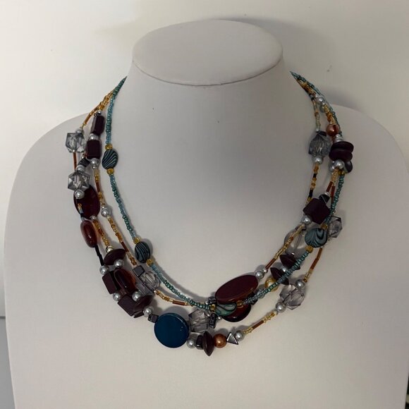 Multi Strand Brown Teal Wood Beaded Necklace Boho Layered Statement Jewelry - Picture 4 of 8